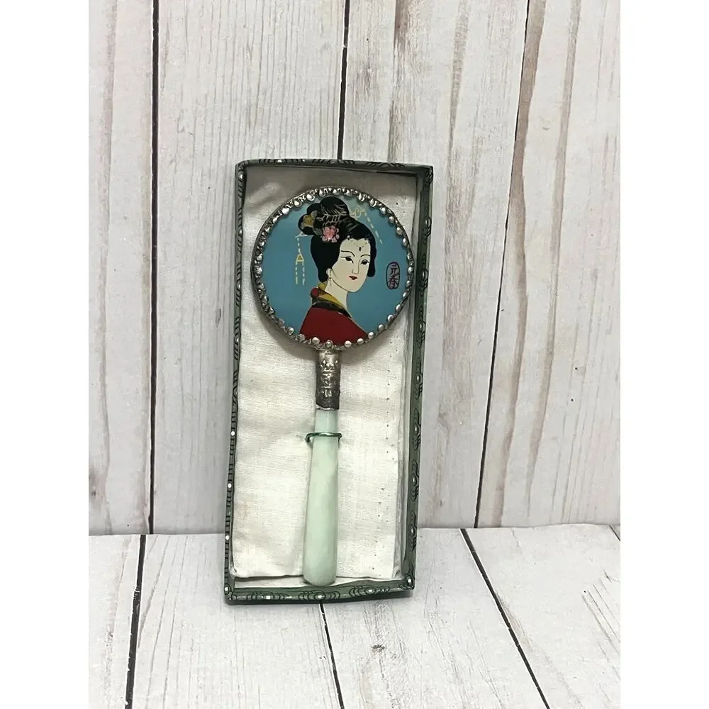 Vintage Asian Vanity Mirror Geisha Enamel Green Handle Cloisonné Style